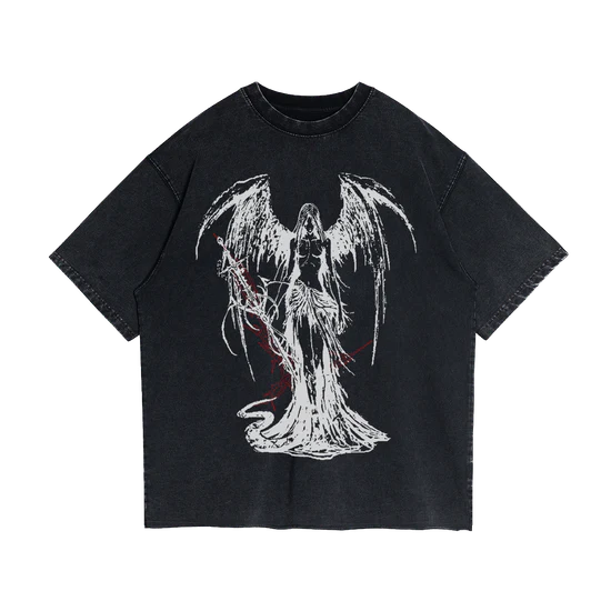 Fallen Angel Garment Dyed Streetwear Tee 260GSM Black Cotton With Faded Raw Hem