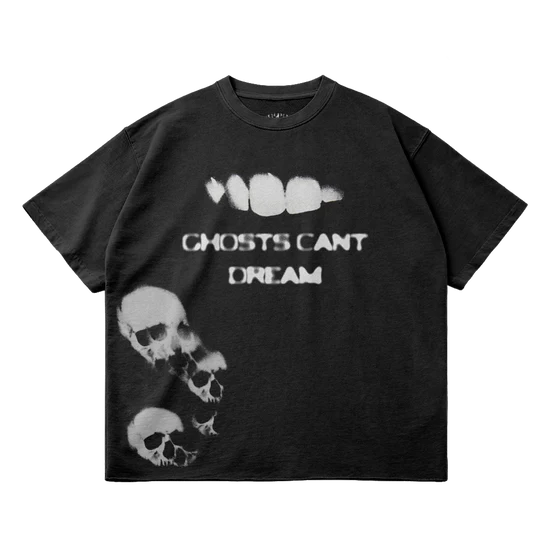 Ghosts Cant Dream Garment Dyed Streetwear Tee 260GSM Black Cotton With Faded Raw Hem